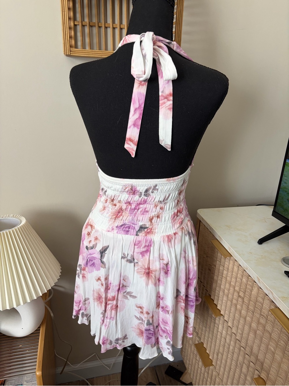 Garage White Floral Halter Mini Dress with Pink and Purple Blooms - Picture 2 of 3